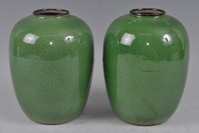 Lot 1223 - A pair of Chinese green crackle-glazed vases,...