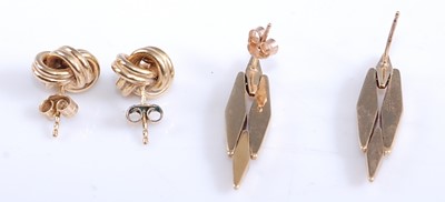 Lot 2555 - Two pairs of 9ct gold earrings, one pair being...
