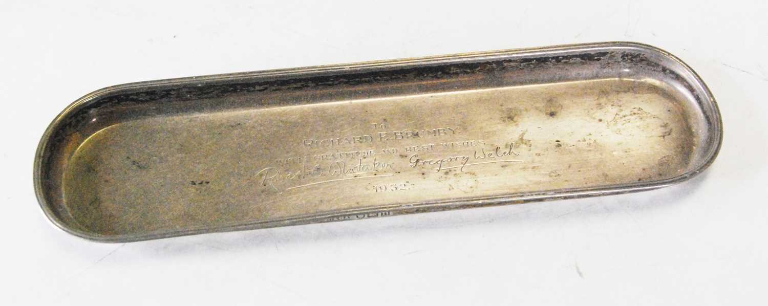 Lot 393 - A mid-20th century silver pen tray, of rounded...