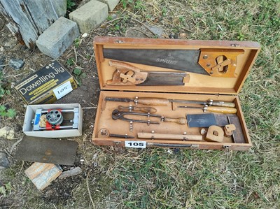 Lot 105 - Wooden Box of Woodworking Tools and Dowling Jig