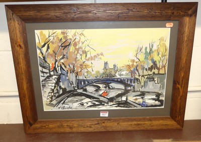 Lot 1037 - F Claude - Dutch canal, gouache, signed lower...