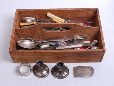 Lot 357 - A pine two-division cutlery tray and contents,...