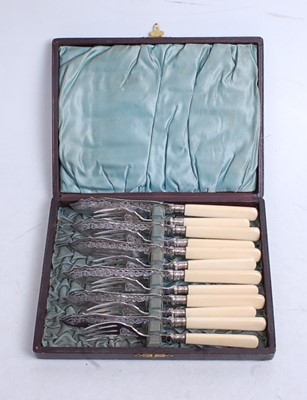 Lot 360 - A cased set of six silver plated fish knives...