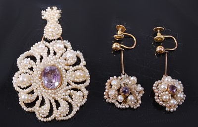 Lot 2609 - A yellow metal, seed pearl and amethyst...