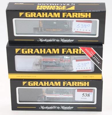 Lot 538 - Three Farish N gauge 0-6-0 class 08 diesel...