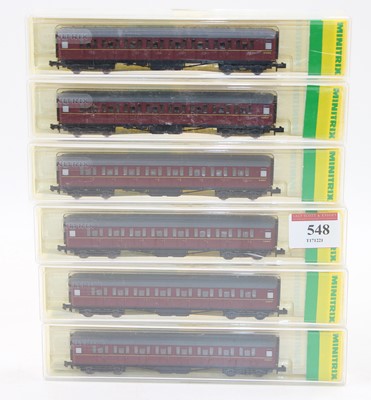 Lot 548 - Six Minitrix N gauge bogie coaches LNER 3rd...