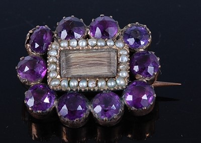 Lot 2636 - A yellow metal, amethyst and seed pearl...