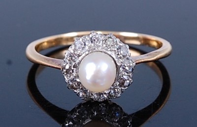Lot 2707 - An 18ct gold pearl and diamond ring, the...
