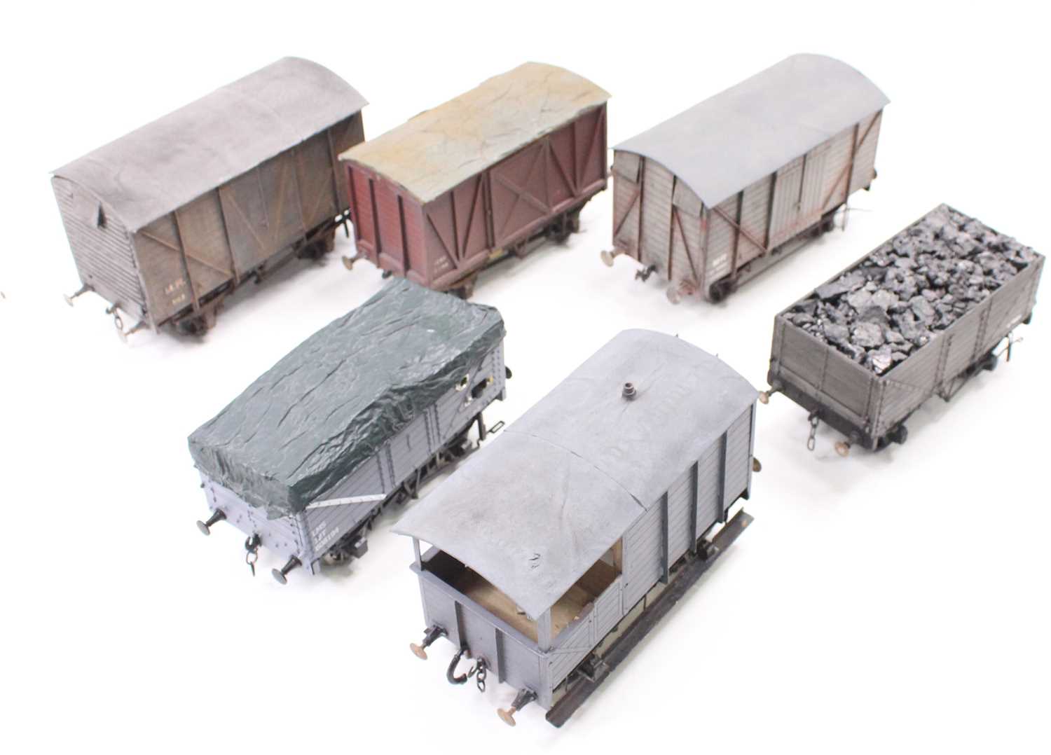 Lot 217 - Six kit built Gauge 1 wagons, some incomplete:...