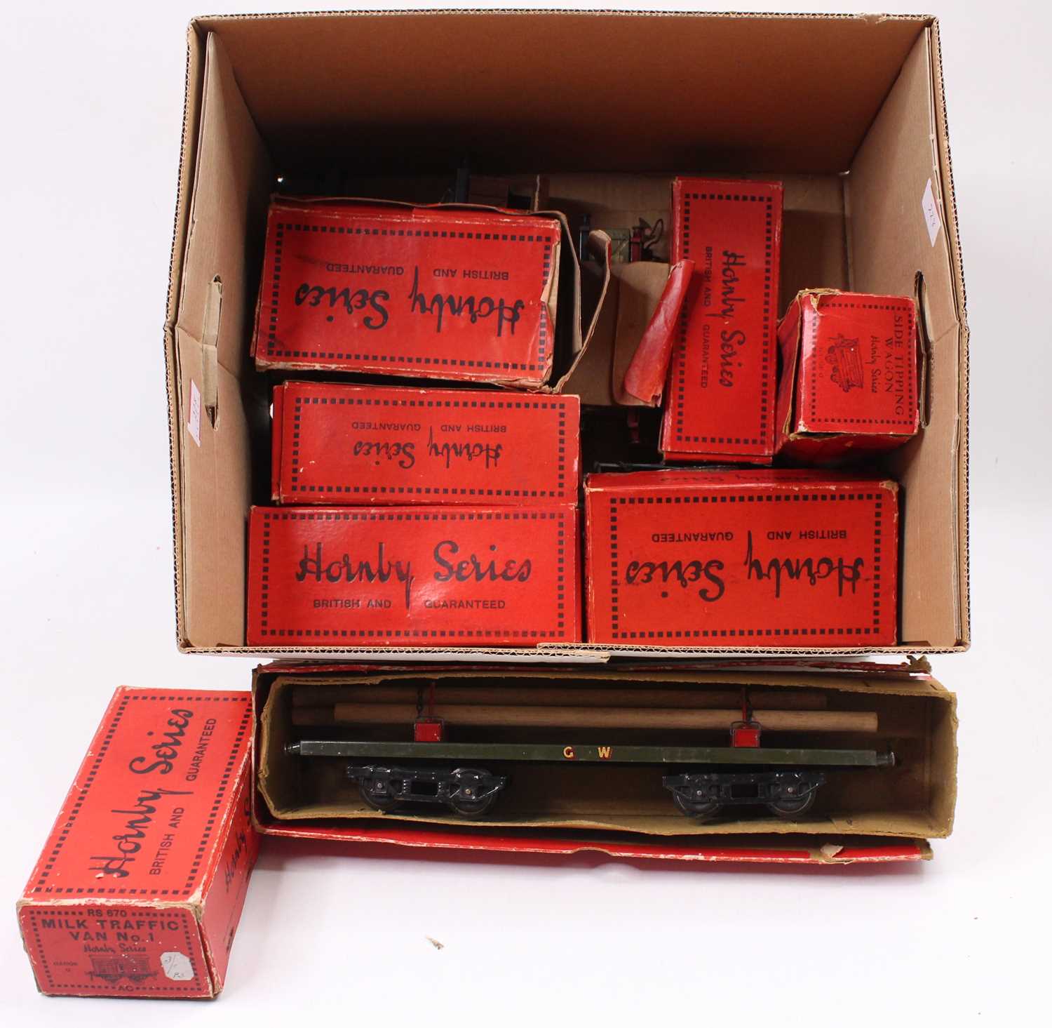 Lot 228 - Thirteen Hornby wagons, mostly pre-war, some...