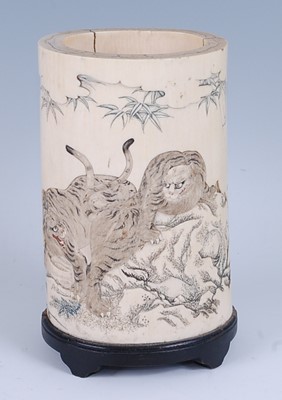 Lot 2463 - A Japanese Meiji period carved ivory brush pot,...