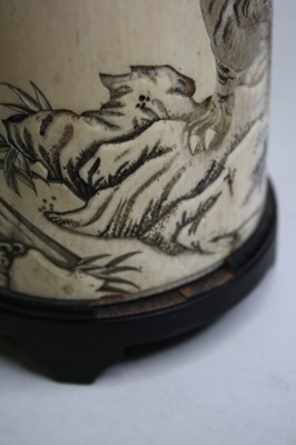 Lot 2463 - A Japanese Meiji period carved ivory brush pot,...