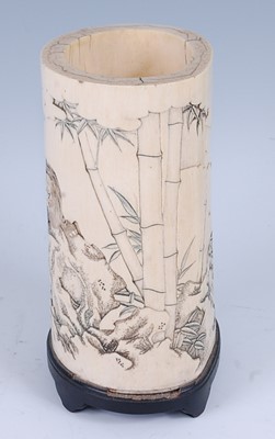 Lot 2463 - A Japanese Meiji period carved ivory brush pot,...