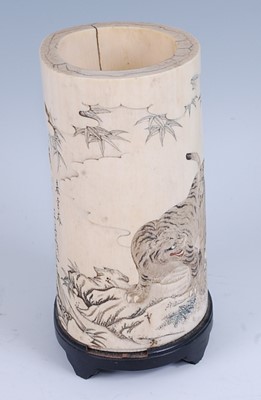 Lot 2463 - A Japanese Meiji period carved ivory brush pot,...