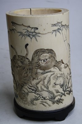 Lot 2463 - A Japanese Meiji period carved ivory brush pot,...