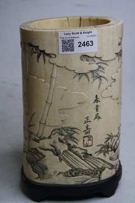 Lot 2463 - A Japanese Meiji period carved ivory brush pot,...