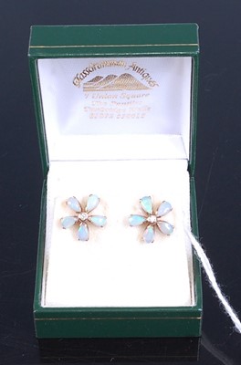 Lot 2732 - A pair of 9ct rose gold, opal and diamond...
