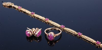 Lot 2744 - A yellow metal ruby bracelet, earring and ring...