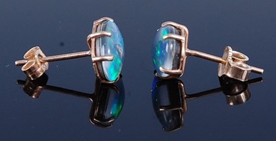 Lot 2758 - A pair of yellow metal and opal doublet ear...