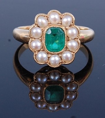 Lot 2764 - An 18ct yellow gold, emerald and pearl oval...