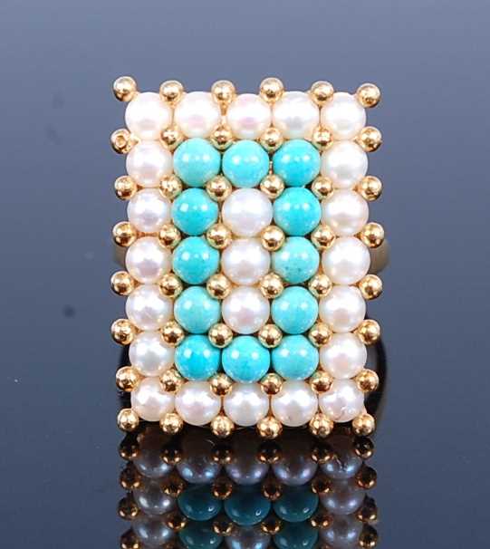 Lot 2769 - A yellow metal, seed pearl and turquoise set...