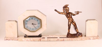 Lot 38 - An Art Deco marble cased clock garniture, the...