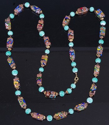 Lot 381 - An enamel glass and beaded necklace with gilt...