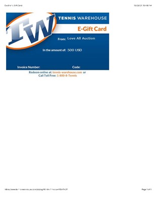 Lot 104 - Tennis Warehouse US $500 voucher gift card to...