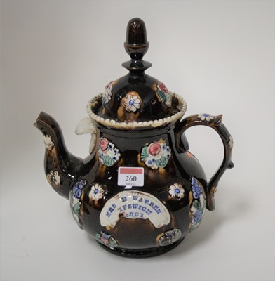 Lot 260 - A Victorian barge ware teapot inscribed "Mrs H...