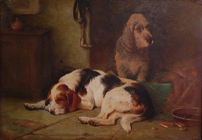 Lot 2538 - S Jowett - Resting dogs, oil on canvas, signed...