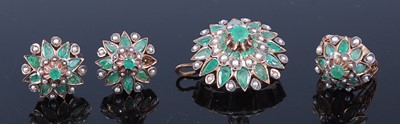 Lot 2334 - A yellow metal, emerald and pearl suite,...