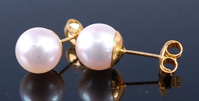Lot 2302 - A pair of yellow metal Japanese cultured pearl...