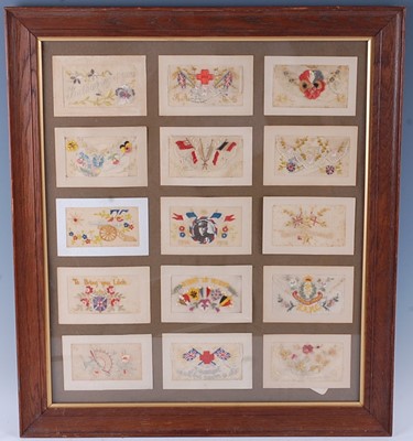 Lot 245 - A set of fifteen WW I embroidered silk...
