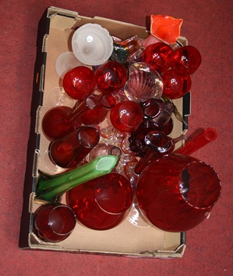 Lot 73 - A box of various coloured glassware to include...