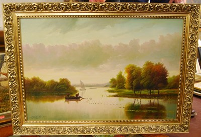 Lot 1019 - AC Kurtis - river landscape, oil on canvas,...