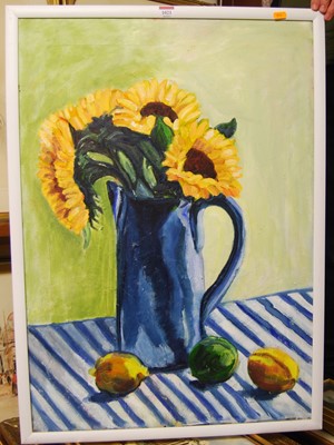 Lot 1021 - Jayne Pope - still life with sunflowers, oil...