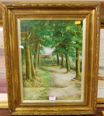 Lot 1056 - AH Shiers - Wooded path, oil on canvas, signed...