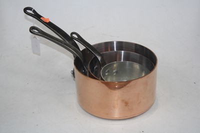 Lot 142 - A set of three copper pans, each having iron...