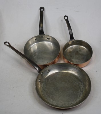 Lot 142 - A set of three copper pans, each having iron...