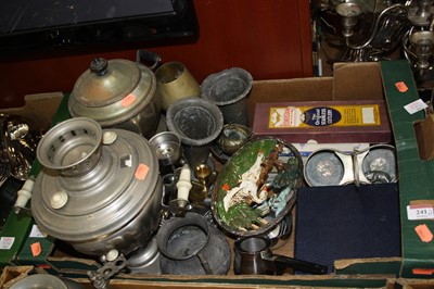 Lot 241 - Two boxes of assorted metalware, to include...