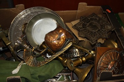 Lot 243 - Two boxes of assorted metalware, to include...