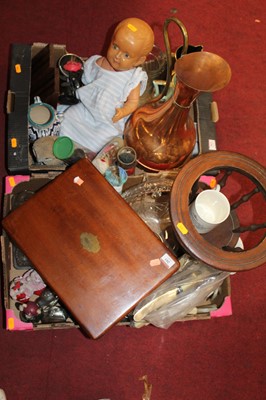 Lot 562 - Two boxes of mixed glass, ceramics, copper...