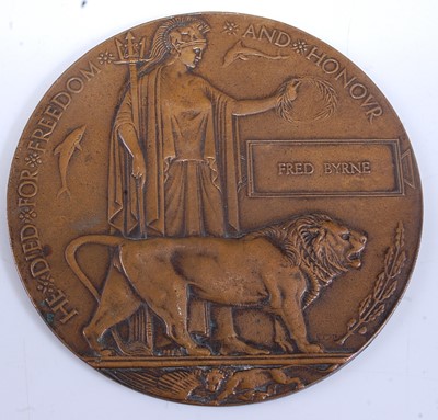 Lot 278 - A WW I bronze memorial plaque, naming Fred Byrne.