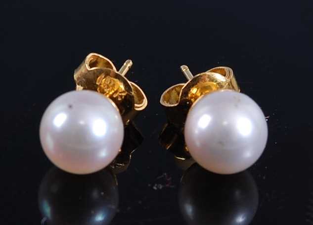 Lot 2209 - A pair of yellow metal Akoya cultured pearl...