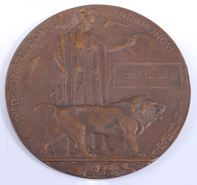 Lot 276 - A WW I bronze memorial plaque, naming Henry...