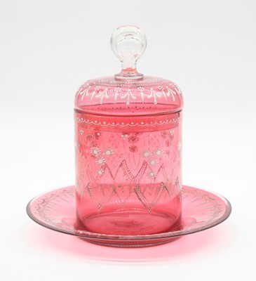 Lot 256 - A 19th century enamel decorated rose glass jar...