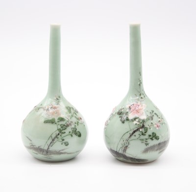 Lot 258 - A pair of Chinese celadon glazed bottle vases,...