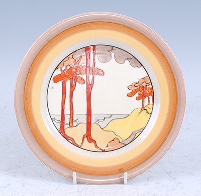 Lot 130 - A 1930s Clarice Cliff Coral Firs pattern plate,...