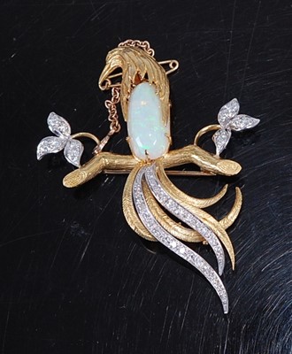Lot 2198 - A yellow and white metal, opal and diamond...
