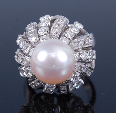 Lot 2227 - A white metal cultured pearl and diamond set...